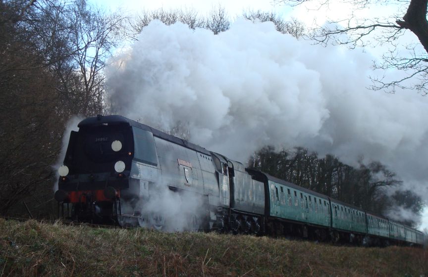 S.R. 'West Country' pacific No. 34007, 'Wadebridge', seen climbing from Alton to Medstead & Four Marks with a morning service from Alton to Alresford. (27th December 2009)