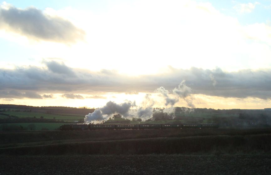 S.R. 'West Country' pacific No. 34007, 'Wadebridge', seen here coasting down the gradient away from Ropley with an afternoon service from Alton to Alresford. (27th December 2009)