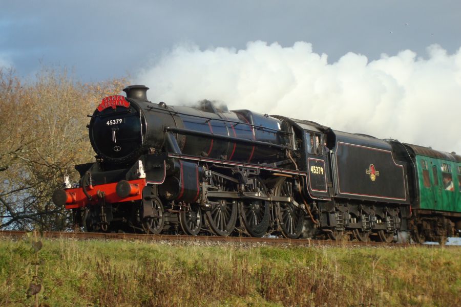 L.M.R. 'Black 5' 4-6-0 No. 45379, seen here approaching Ropley with a morning service from Alton. (18th December 2011)