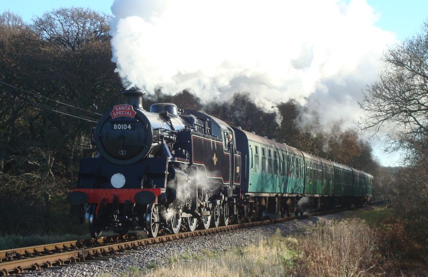 Standard class 4, 2-6-4 tank, No. 80104, seen climbing the approach to Harmans Cross with the first 'Santa Special' of the day from Swanage. (20th December 2009)