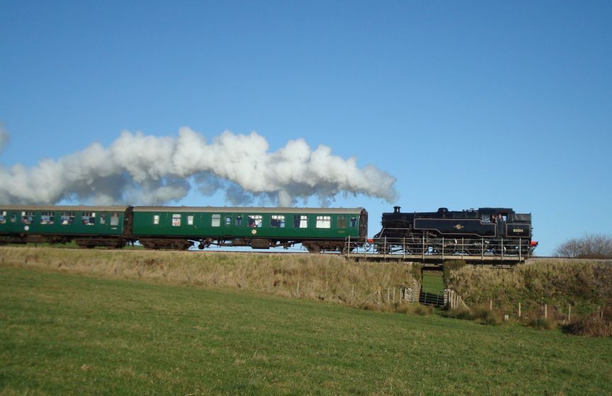 Standard class 4, 2-6-4 tank, No. 80104, seen here between Corfe Castle and Harmans Cross with a return 'Santa Special' heading for Swanage. (20th December 2009)